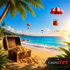 Casino777 et le Wazdan Summer Drop illustrés par un coffre au trésor et des parachutes sur une plage tropicale