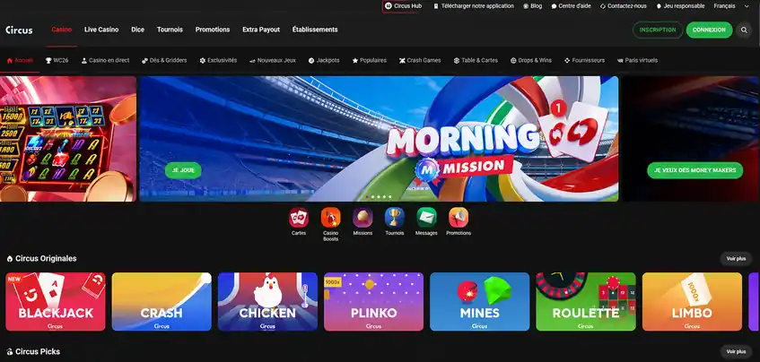 Aperçu de la plateforme Circus Casino sur ordinateur