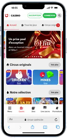 Circus Casino sur mobile avec aperçu de l’application et de ses jeux sur écran de smartphone