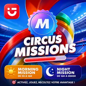 Circus Missions de Circus Casino avec Morning Mission et Night Mission dans un univers coloré de stade
