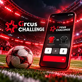 Illustration du Circus Challenge avec smartphone de pronostics, ballon de football et stade éclairé en rouge