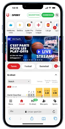 Plateforme Circus Sport affichée sur un téléphone mobile