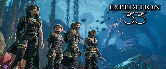 Personnages de Clair Obscur Expedition 33 explorant un monde aquatique sombre, RPG français sacré jeu de l’année 2025