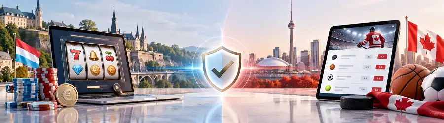 Machines à sous au Luxembourg et paris sportifs au Canada, illustrés par un bouclier symbolisant la confiance