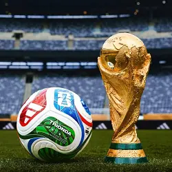 Ballon officielle de la Coupe du Monde 2026 à côté du trophée