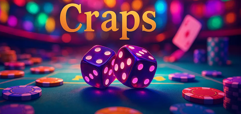 Table de casino avec dés lumineux et jetons colorés, mise en avant du jeu de craps dans une ambiance festive