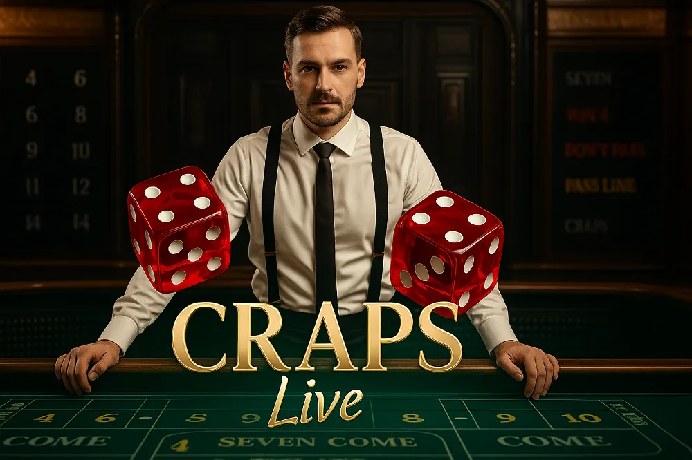 Croupier élégant derrière une table de craps live avec deux dés rouges flottants dans un casino