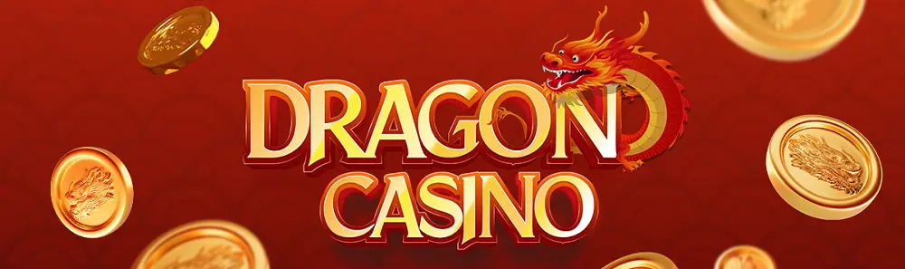 Logo Dragon Casino sur fond rouge avec pièces dorées illustrant la puissance et la chance du dragon