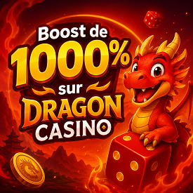 Boost de 1000% sur Dragon Casino avec dragon cartoon rouge et univers flamboyant