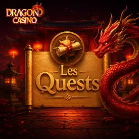 Les Quests de Dragon Casino illustrées par un dragon rouge, un parchemin doré et un temple asiatique