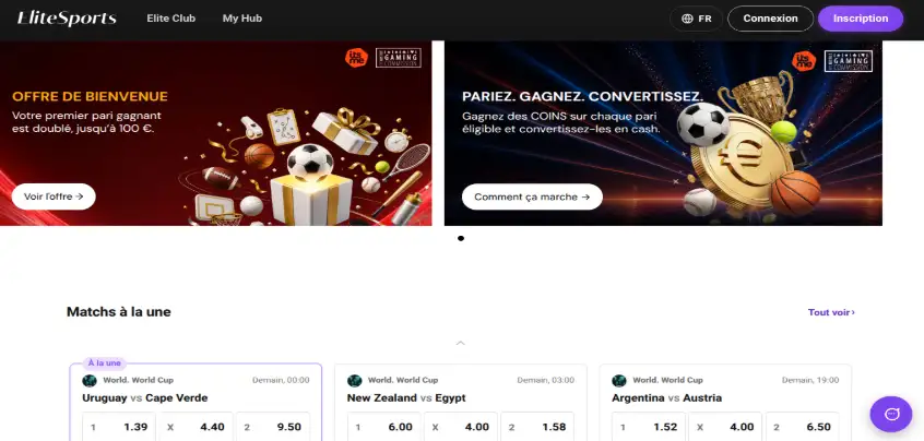 Aperçu de la plateforme Elite Sports sur ordinateur