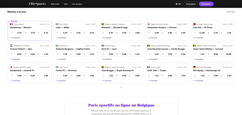 Aperçu de la plateforme Elite Sports sur ordinateur