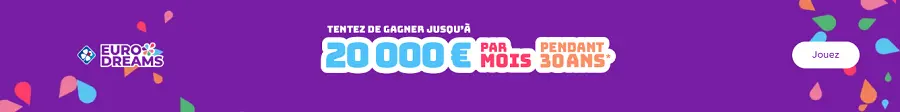 Bannière publicitaire EuroDreams FDJ avec promesse de 20 000 euros par mois pendant 30 ans et bouton jouer