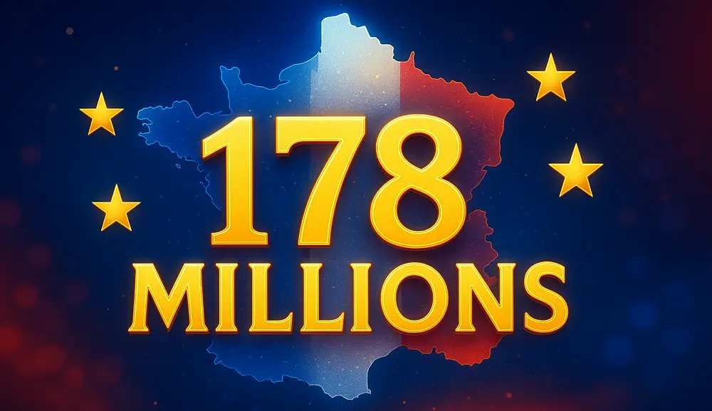 Illustration Euromillions avec jackpot de 178 millions en or devant une carte de la France aux couleurs bleu blanc rouge