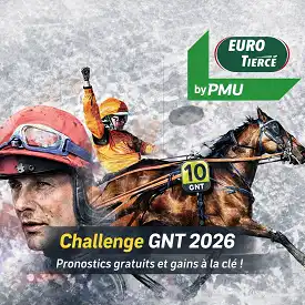 Visuel Eurotiercé Challenge GNT 2026 avec cheval de trot, driver et pronostics gratuits