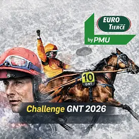 Visuel Eurotiercé Challenge GNT 2026 avec cheval de trot, driver et pronostics gratuits