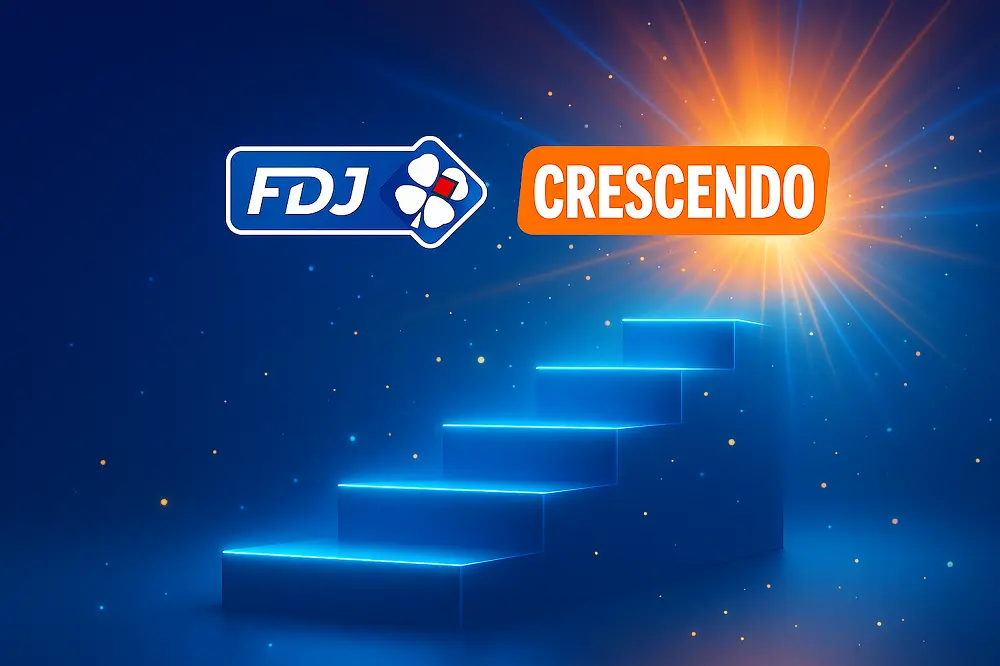 Illustration lumineuse du jeu de tirage Crescendo FDJ, avec escalier bleu et faisceaux symbolisant la montée du jackpot