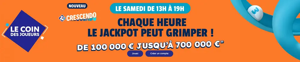 Bannière officielle du jeu Crescendo FDJ, annonçant un jackpot progressif chaque samedi de 13 h à 19 h pouvant atteindre 700 000 €