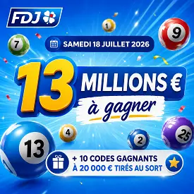 Jackpot Loto FDJ de 13 millions d’euros à gagner le samedi 18 juillet 2026 avec 10 codes gagnants