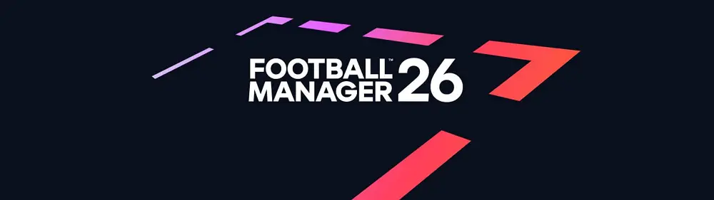 Logo officiel de Football Manager 26 avec design moderne violet et rouge