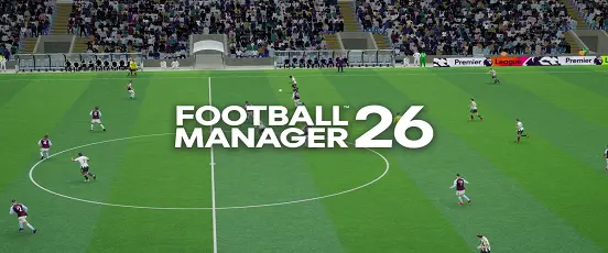 Capture du jeu Football Manager 26 montrant un match en 3D sur le terrain, avec le logo officiel du jeu affiché au centre de l’image