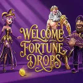 Visuel Fortuna Casino Welcome Fortune Drops avec personnages mythologiques et récompenses sur fond violet