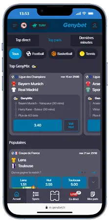 Genybet Sport affiché sur un téléphone mobile
