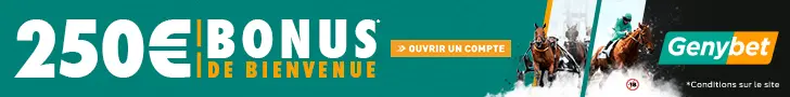 Bannière Genybet turf avec 250€ bonus de bienvenue, chevaux de course et bouton ouvrir un compte