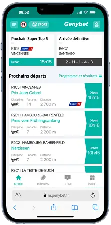 Genybet Turf sur mobile : aperçu des courses hippiques, départs à venir et résultats en direct