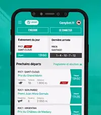Aperçu de l’application Genybet avec les courses hippiques du jour, horaires et cotes en direct