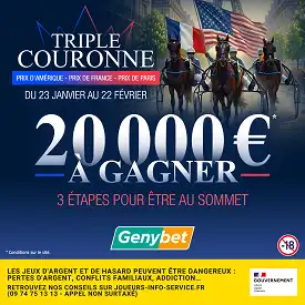 Affiche Genybet Turf Triple Couronne avec 20.000€ à gagner lors des grandes courses du meeting d’hiver de Vincennes