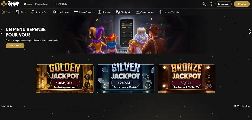 Aperçu de la plateforme Golden Palace Casino sur ordinateur