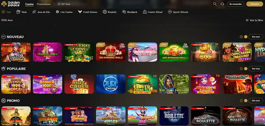 Aperçu de la plateforme Golden Palace Casino sur ordinateur