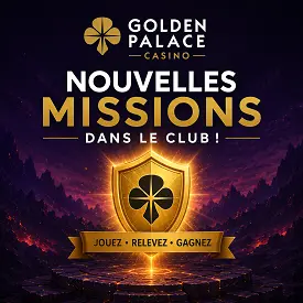 Nouvelles missions Golden Palace Casino avec bouclier doré et univers fantastique violet dans l’espace Club