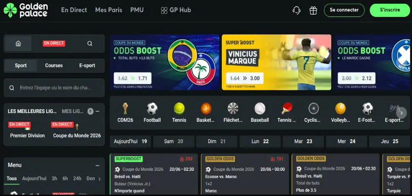 Aperçu de la plateforme Golden Palace Sports sur ordinateur