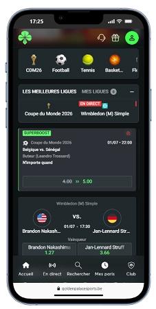 Capture mobile du site de paris sportifs belge Golden Palace Sports