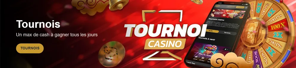Bannière Golden Vegas présentant les tournois de casino avec roue de gains, smartphone et promesse de cash quotidien