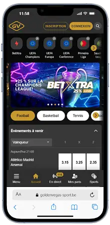 Plateforme Golden Vegas Sport affichée sur un téléphone mobile