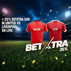 BetXtra M.United vs Liverpool en live avec maillots rouges dans un stade de football éclairé