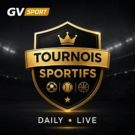 Tournois sportifs Golden Vegas Sport avec écusson doré, logo GV Sport et ambiance de stade sombre