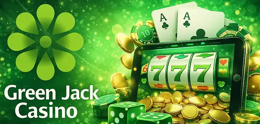 Bannière Green Jack Casino avec logo vert, machine à sous, dés, cartes et jetons