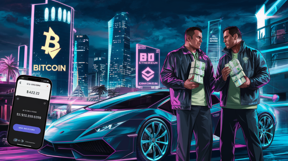Scène inspirée de GTA 6 avec deux personnages échangeant des liasses d’argent devant une voiture de luxe et des logos Bitcoin et Ethereum