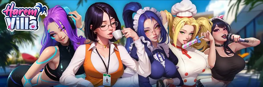 Harem Villa avec cinq personnages féminins stylisés devant une villa tropicale, ambiance colorée de jeu adulte
