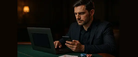 Joueur utilisant un ordinateur portable et un smartphone illustrant l’iGaming moderne