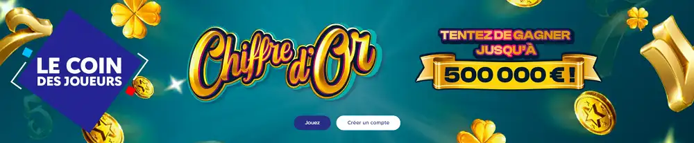 Bannière du jeu Illiko Chiffre d’Or avec pièces dorées et promesse de gain jusqu’à 500 000 euros sur FDJ