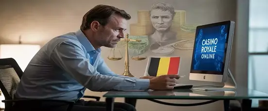 joueur devant un casino en ligne avec drapeau belge et symbole de justice