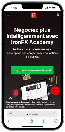 Plateforme IronFX affichée sur un téléphone mobile