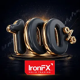 Visuel IronFX avec bonus 100 %, logo rouge et chiffres 3D dorés sur fond trading sombre