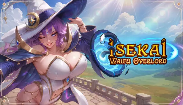 Isekai Waifu Overlord avec une sorcière aux cheveux violets et le logo du jeu dans un univers fantasy