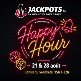 Bonus Happy Hour Jackpots.ch des 21 et 28 août, avec visuel néon